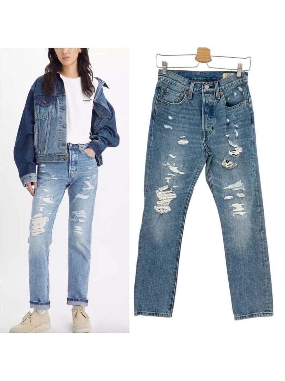 Levi's 501 150th Anniversary Blue Distressed Straight Leg Selvedge Jean size 26